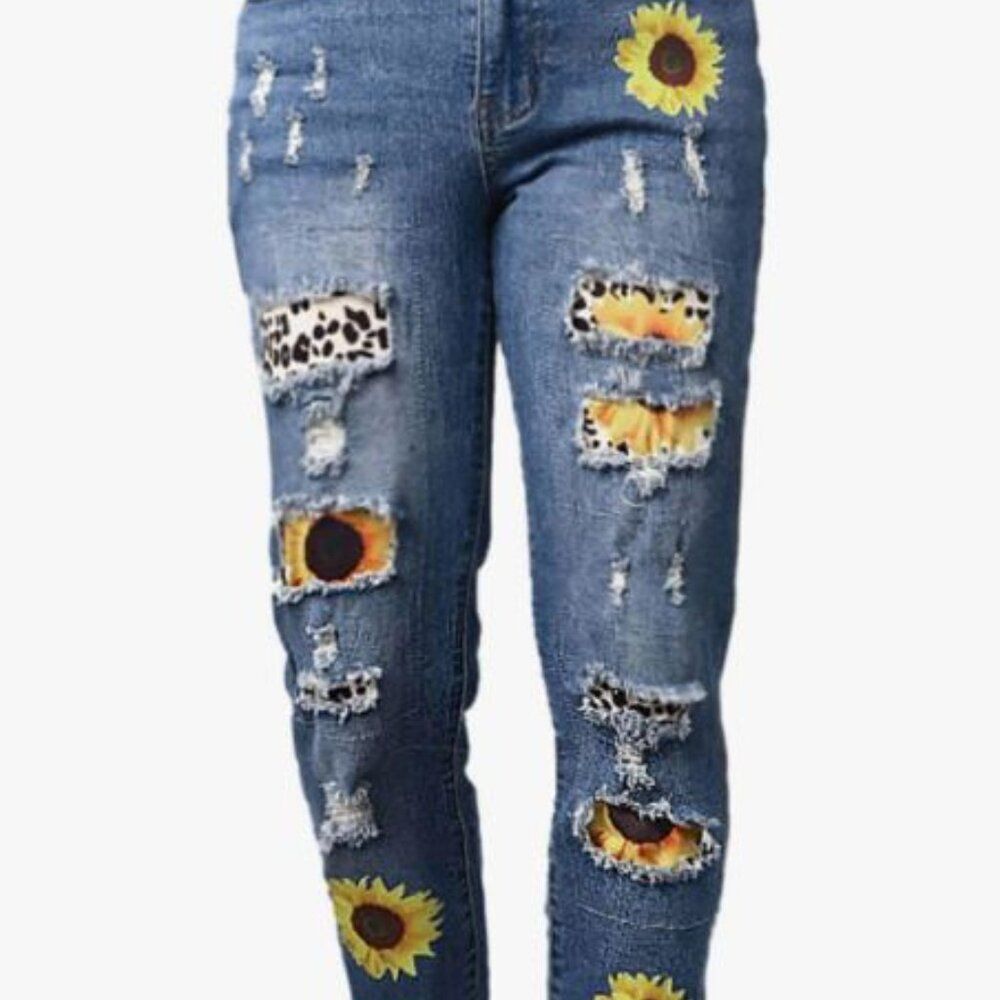 Womens Jeans Patch Ripped High-Rise Denim Pants Classic Sunflower Graphics
